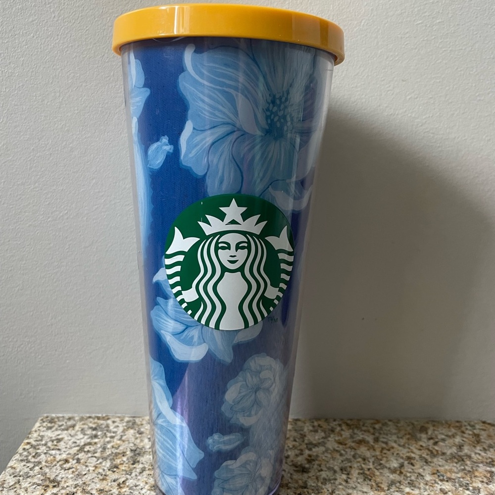 Starbucks Blue Floral Tumbler with Yellow Lid